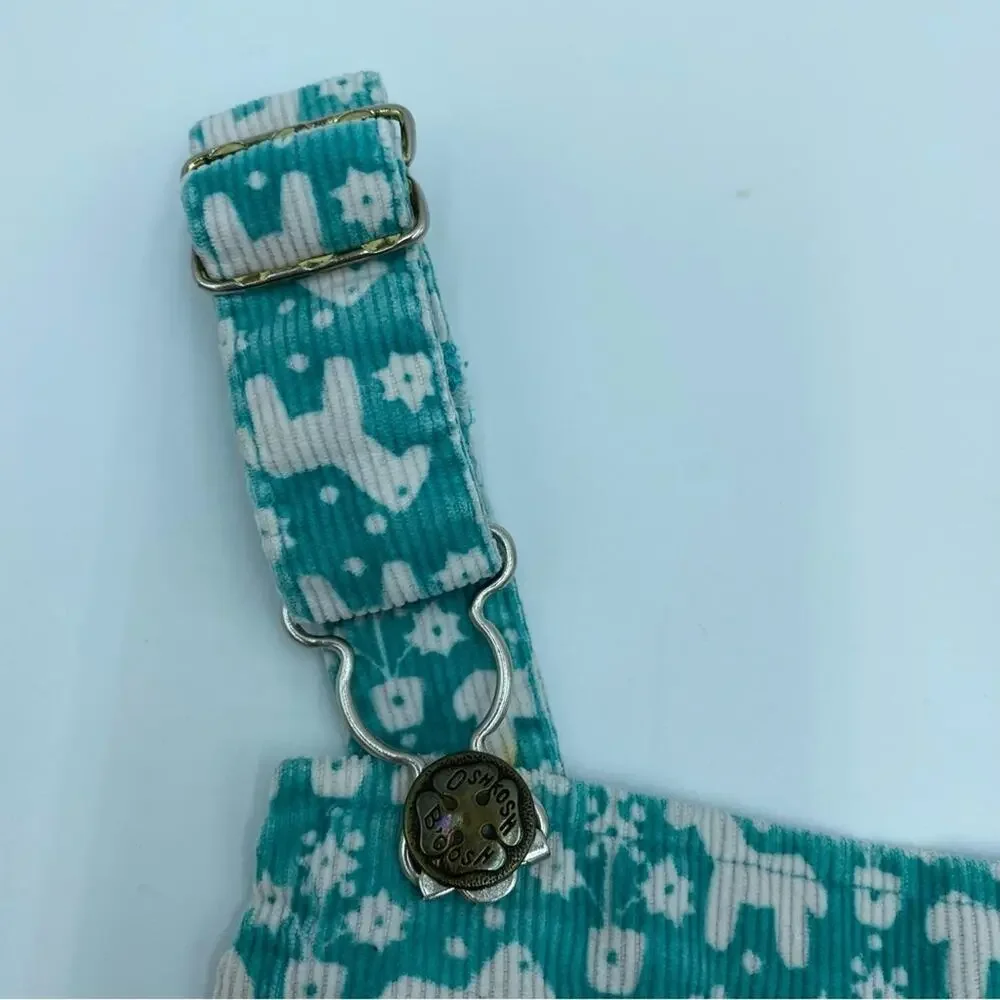 Vintage Oshkosh B'Gosh Corduroy Overall Dress Green Horse Pony‎ White Size 6